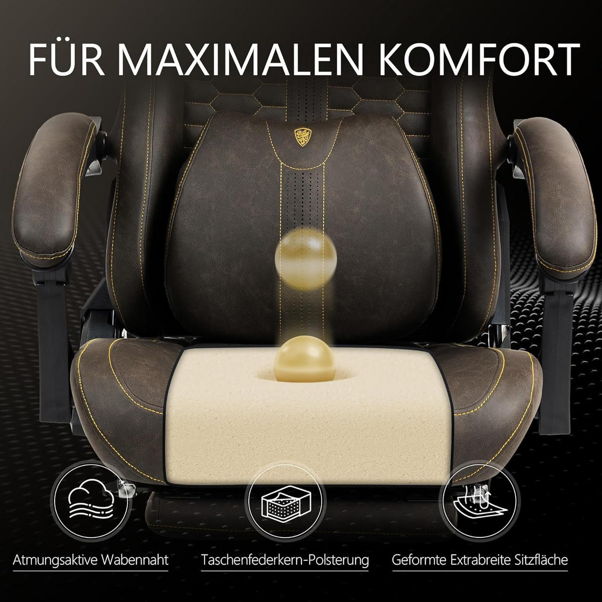 GAMING-STUHL & hoher Rückenlehne, Massagefunktion PU-Leder - Braun, Leder (61/117/61cm)