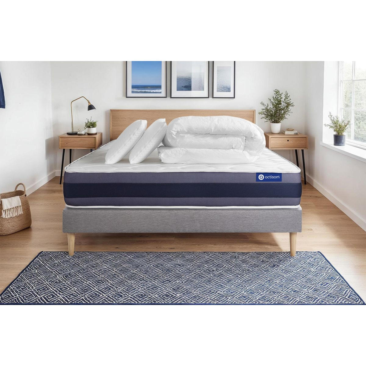 BETT Actiflex morpho Taschenfederkern und Memory-Schaum 200 x 200 cm h1 - Kit Bettgestell Grau - Mit Kissen und Bettdecke - Beige/Grau, Karton/Holz (200/200cm) - ACTISOM