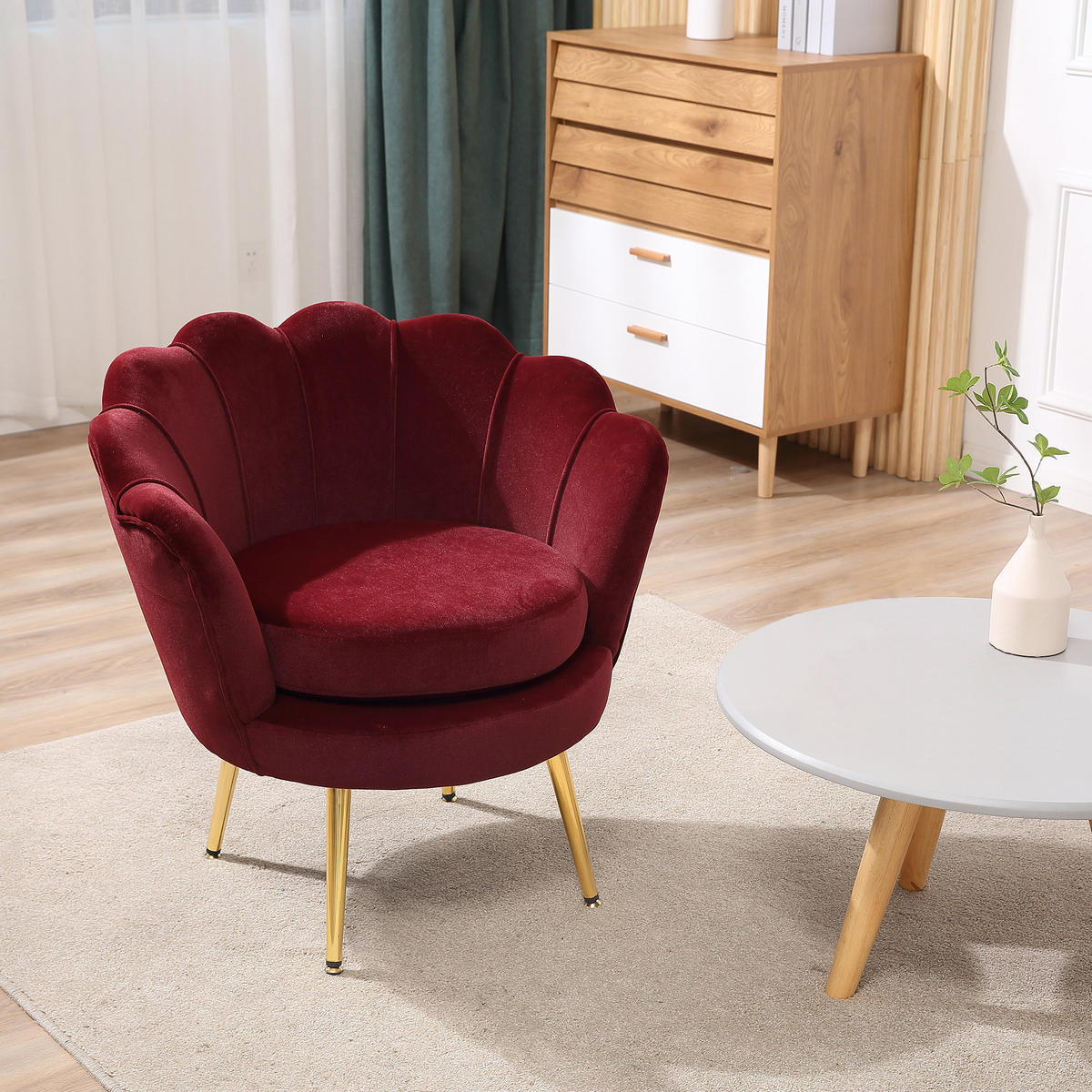 SESSEL DE-13421 Muschelform mit Samt & goldenen Metallfüßen Rot - Weinrot, Textil (67/74/76cm) - ComfortXL