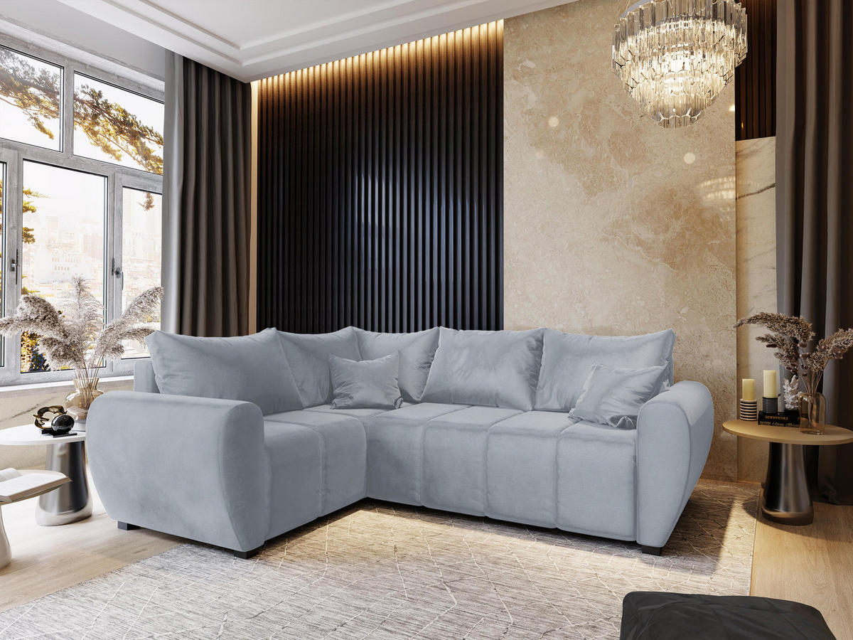 ECKSOFA MADISON L L-S Hellgrau Plüsch-Stoff mit Schlaffunktion - Hellgrau, Holz (235/175cm) - MASSENO