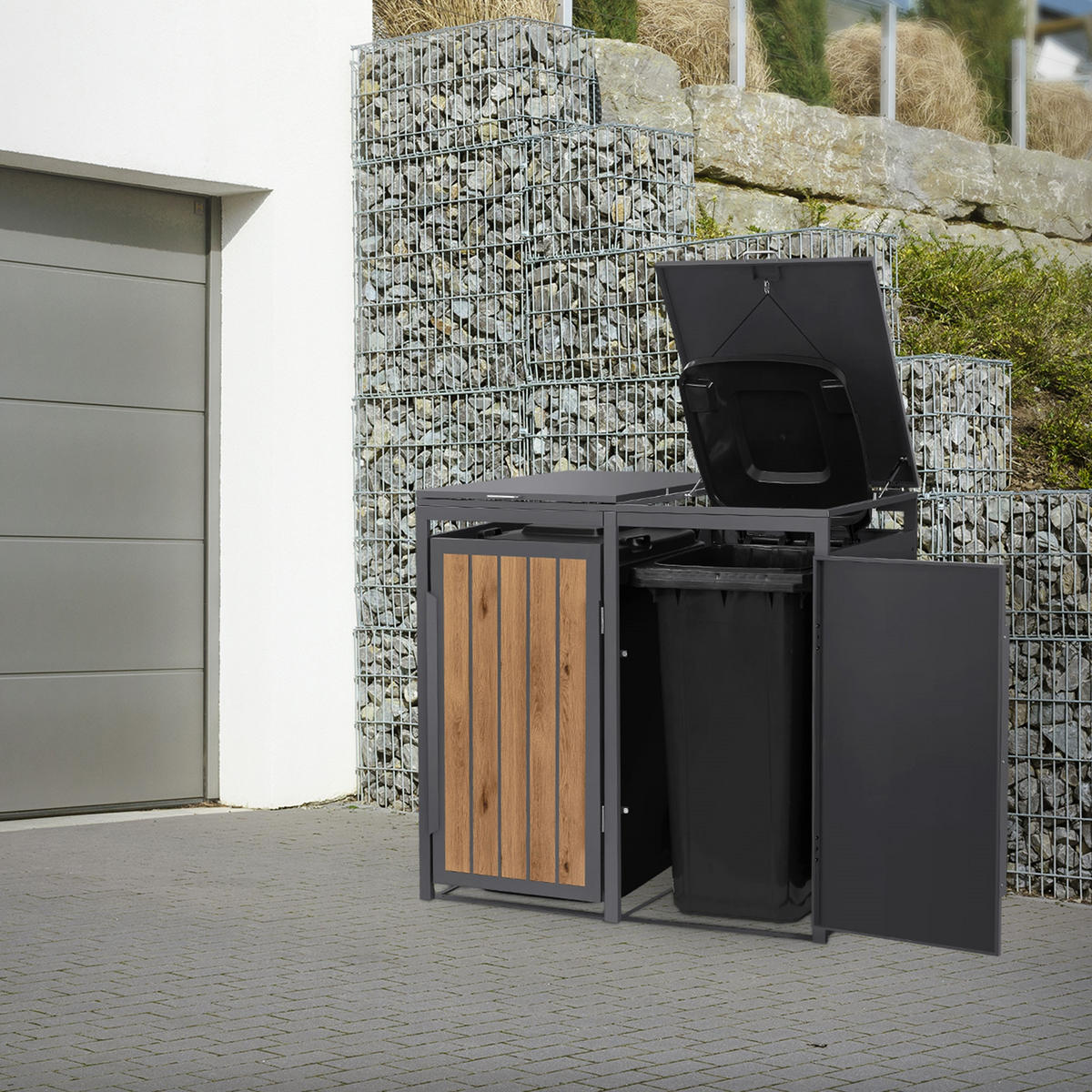 MÜLLTONNENBOX 2er 240L 132x80x120 cm Anthrazit-Eiche hell aus Stahl - Hellbraun, Metall (80/120/132cm) - ML-DESIGN