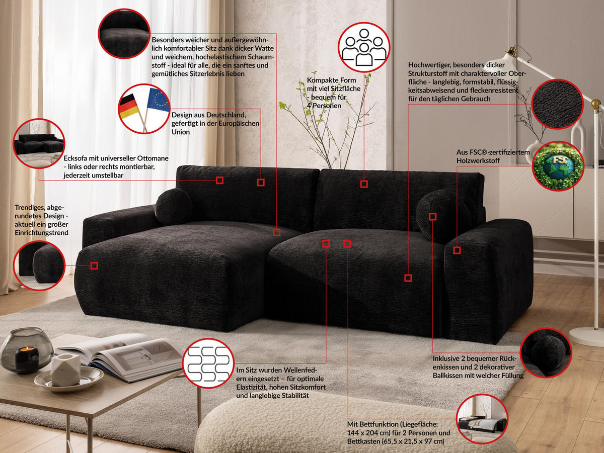 ECKSOFA Puffy mit Schlaffunktion und Bettkasten - besonders weich und puffig aus Braun Stoff mit Chenillestruktur - Ottomane links - Schwarz/Braun, Holz/Kunststoff (138/266cm) - S-Style Möbel