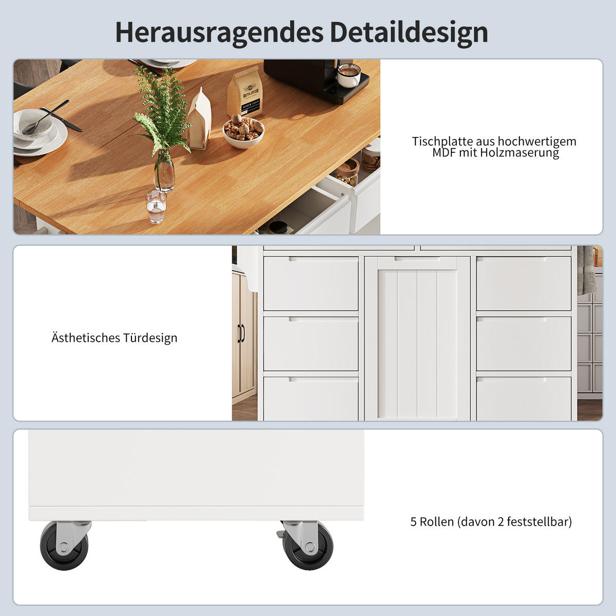 KÜCHENWAGEN 122x74.5x91.5cm Weiß mit 8 Schubladen & 5 Rollen - Weiß, Holzwerkstoff (122/91.5/74.5cm) - Modfu