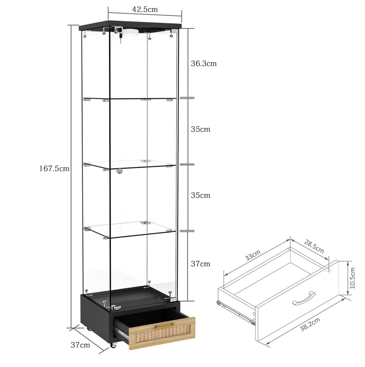 VITRINE 42.5/36.5/167 cm schwarz aus MDF und Glas mit LED-Beleuchtung - Schwarz, Holzwerkstoff (36.5/167/42.5cm) - OKMYHOME