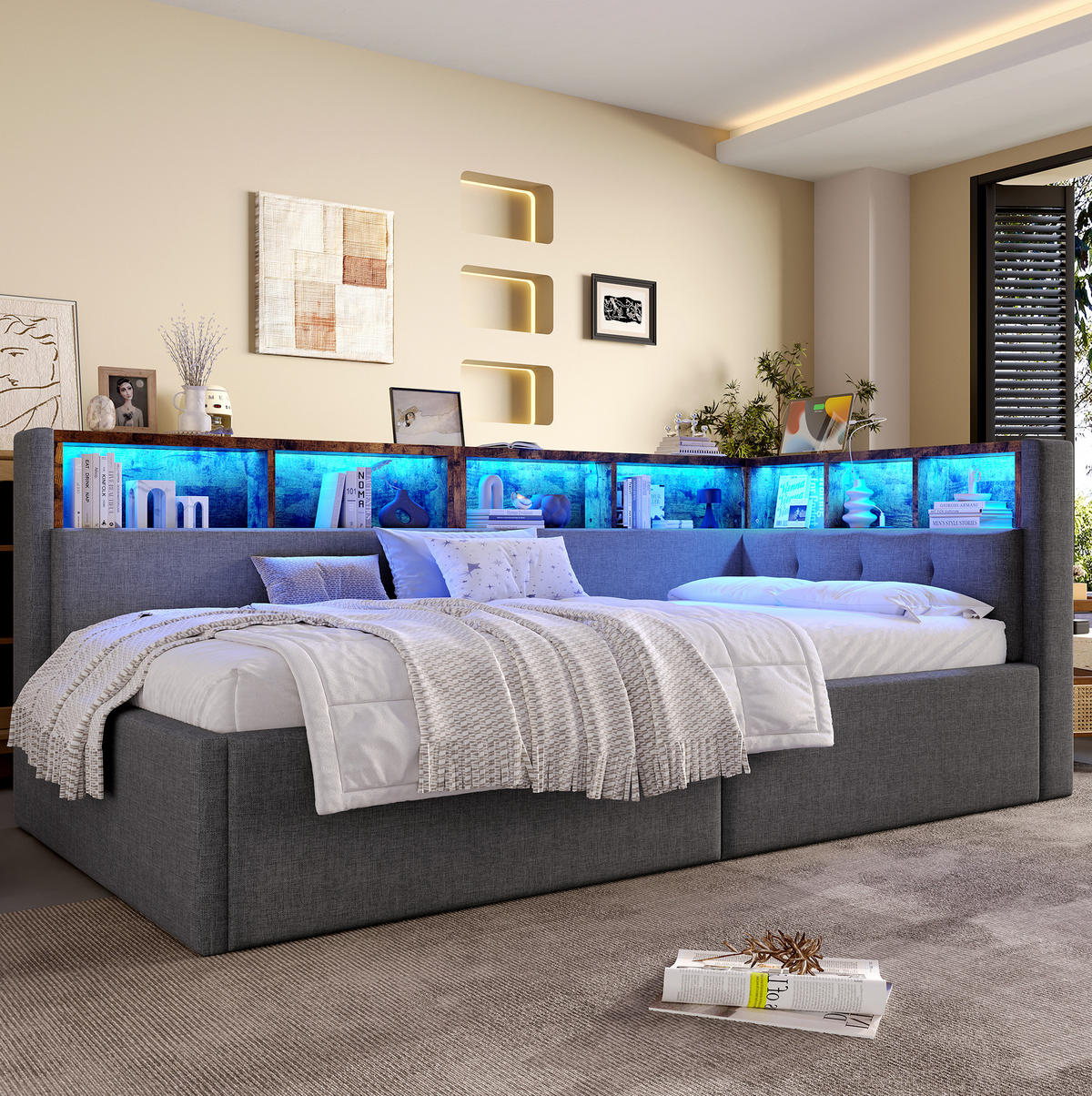 DENNÁ posteľ z MDF a ľanu 90x200 cm sivá s LED osvetlením, USB a Type-C portami a hydraulickým úložným priestorom - sivá, textil (90/200cm) - Modfu