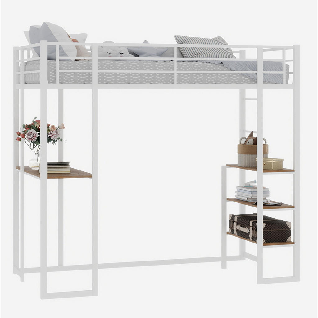 OKWISH BÍLÁ železná palanda (90/200 cm) s psacím stolem a žebříkem po obou stranách