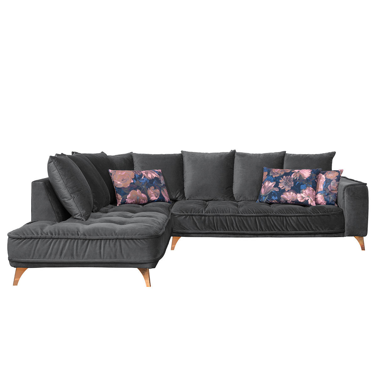 ECKSOFA mit Ottomane - Samt - Schwarz, Textil/Metall (288/245cm) - home24