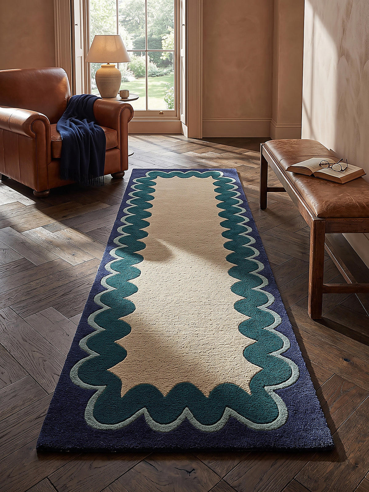 LÄUFER handgetuftet WAVENEY, in Petrol, Zickzack-Wellenbordüre, 80 x 230 cm - Türkis, Textil (80/230cm) - KADIMA DESIGN