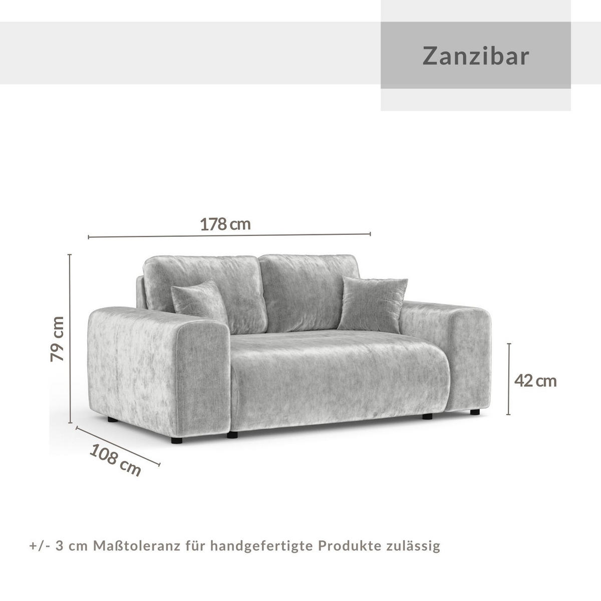 2-SITZER-SOFA Zanzibar Hellgrau Chenille - Hellgrau/Schwarz, Holz/Holzwerkstoff (178/79/108cm) - Maison de Reve
