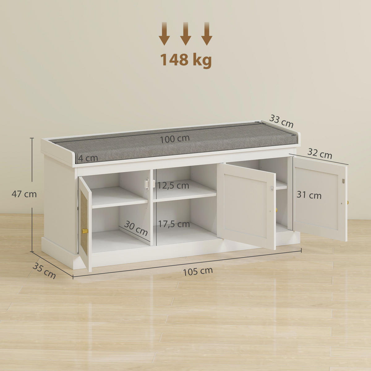 SCHUHBANK Weiß 105/35/47 cm - Weiß, Holzwerkstoff (105/47/35cm) - PANGIVO
