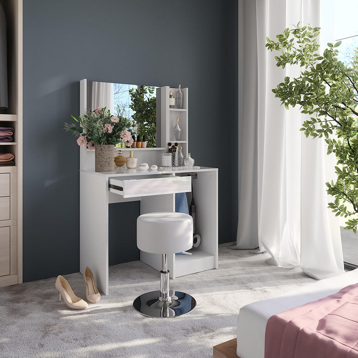 SCHMINKTISCH Sherry Weiß/Weiß Hochglanz 89.8 cm 4 Teile - Weiß Hochglanz, Holzwerkstoff (50.1cm) - Vicco