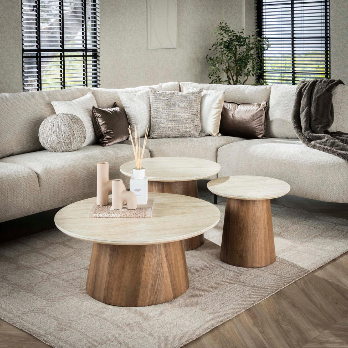 COUCHTISCH-SET ROMANO CIRCOLO 3-teilige runde Satztische in Travertin-Optik - Beige/Braun, Keramik (80/80/35cm) - alesvelt