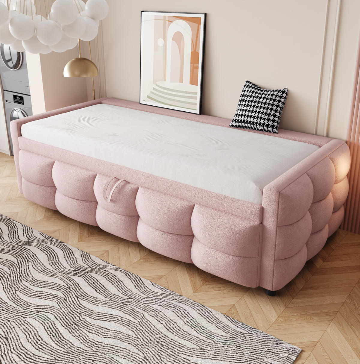 POLSTERBETT 90/180/190 cm Rosa aus Teddy mit Ausziehfunktion - Rosa, Textil (90/190cm) - OKMYHOME