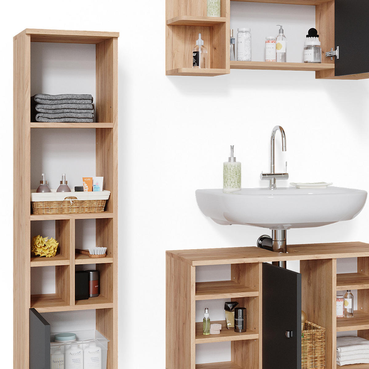 BADMÖBEL-SET Fynn Goldkraft Eiche 3 Teile, mit Midischrank Tür klein - Anthrazit/Eiche Wotan, Holzwerkstoff (60/54/32cm) - Vicco