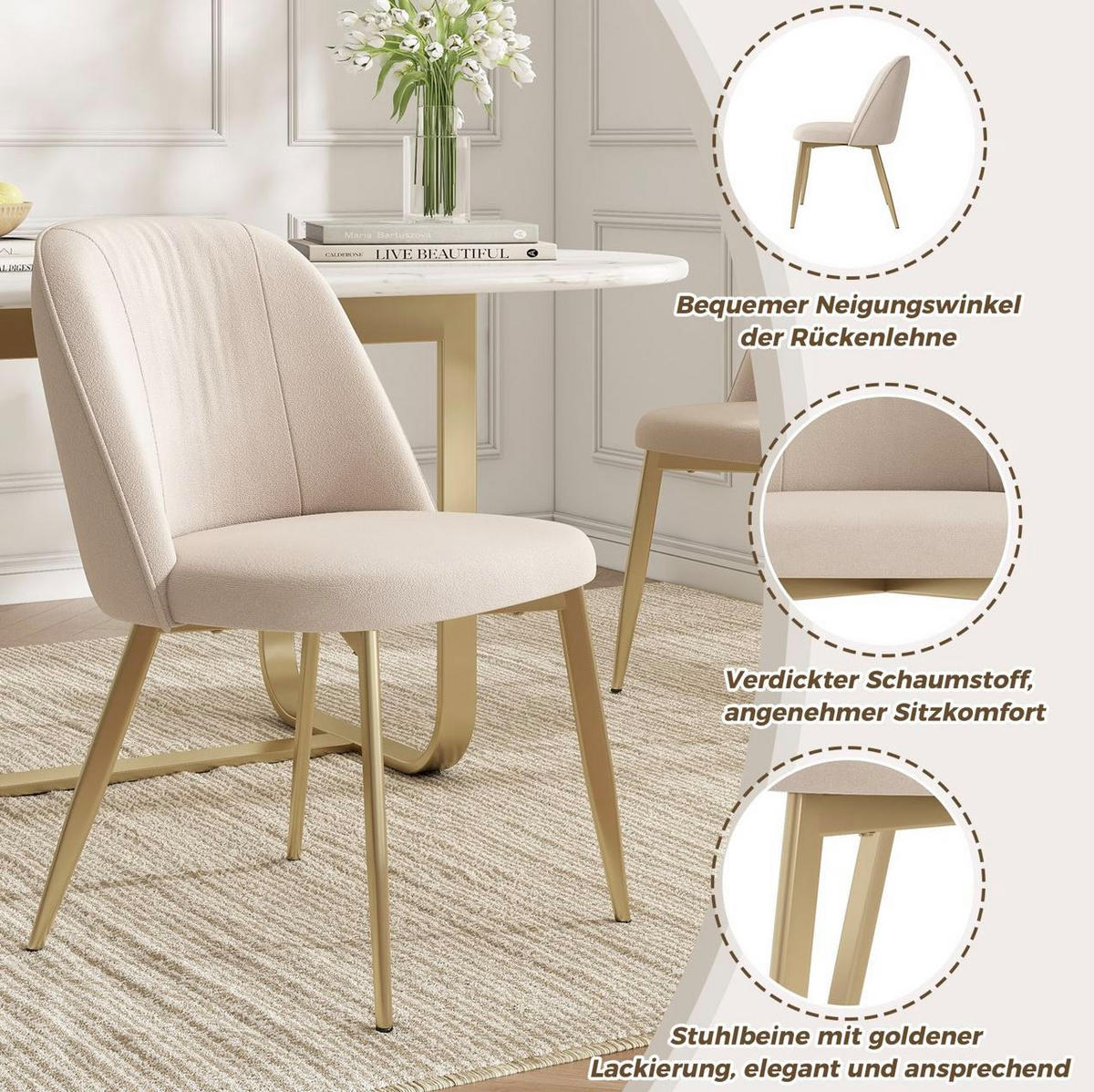 ESSZIMMERSTUHL 2er-Set Samt Beige mit goldfarbenen Metallbeinen - Beige, Metall (50/80/53cm) - Meubliv
