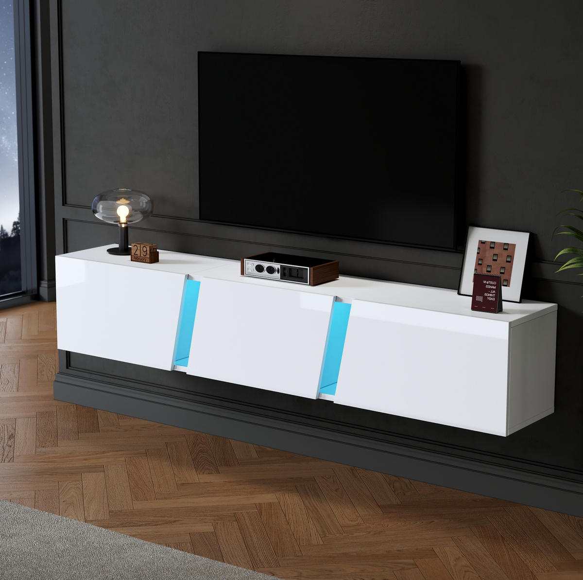 LOWBOARD 180/35/30 cm in Weiß, wandmontiert mit LED-Beleuchtung und 3 Klapptüren - Weiß, Holzwerkstoff (180/30/35cm) - Flora Grace