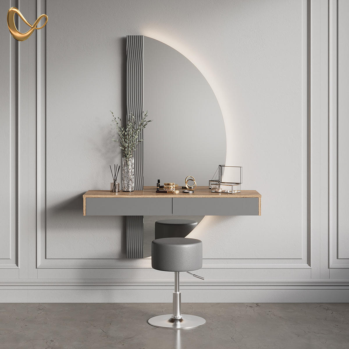 SCHMINKTISCH Ascona Grau mit Beleuchtung und Hocker - Eichefarben/Grau, Holzwerkstoff (120/161.1/40cm) - Livinity®