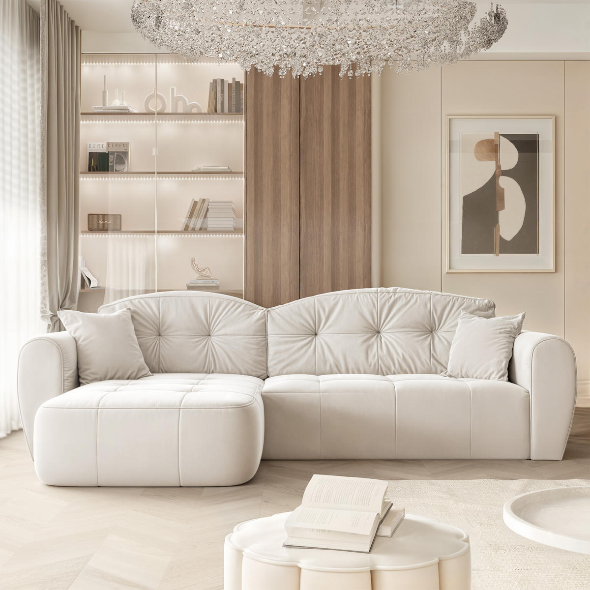ECKSOFA RAVEN mit Schlaffunktion und Bettkasten Creme - Creme, Holzwerkstoff/Kunststoff (250/90cm) - Idohome