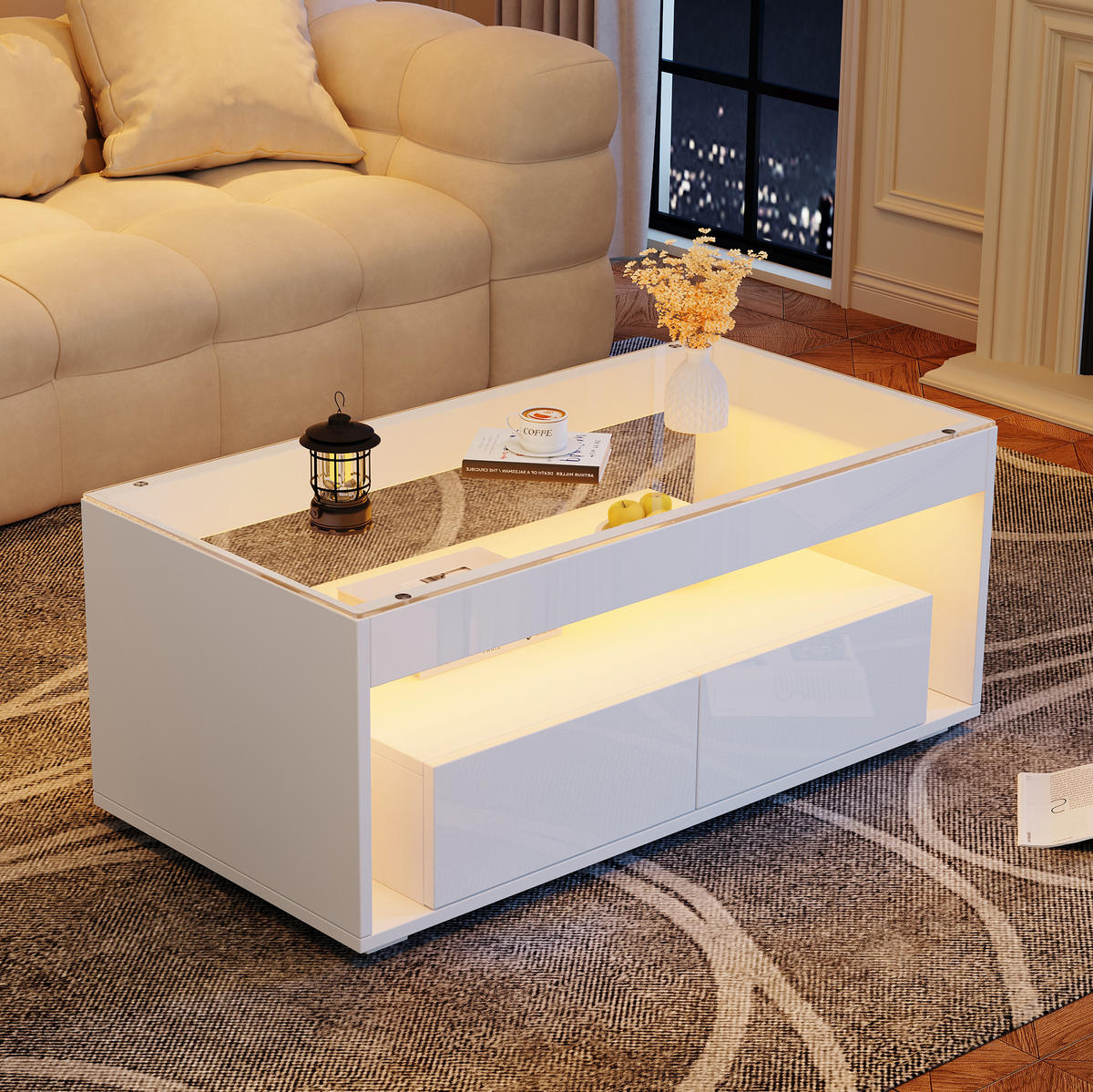 COUCHTISCH aus Spanplatte und Glas 100x50x40 cm in Weiß mit LED - Weiß, Holzwerkstoff (100/50/40cm) - Modfu