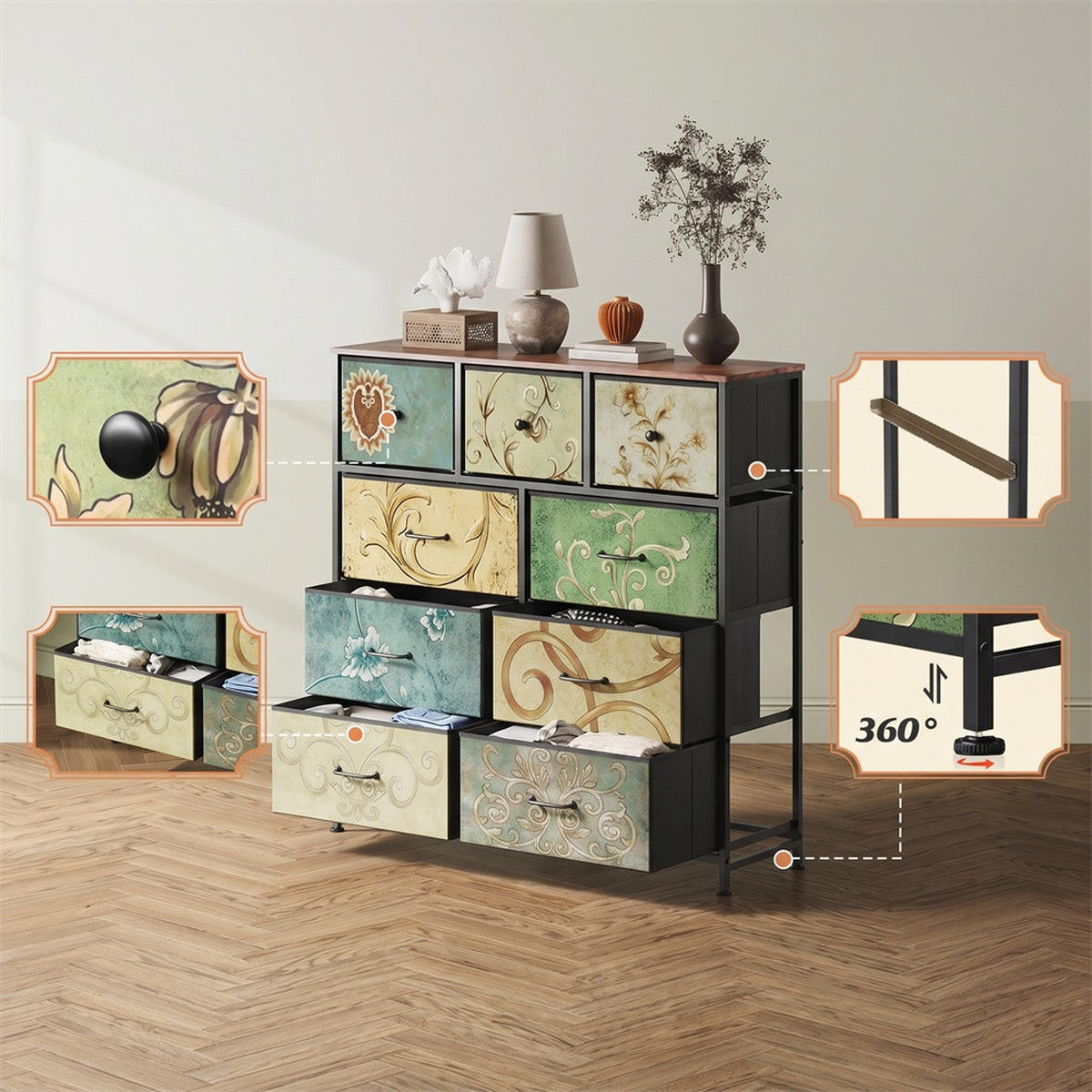 KOMMODE mit 9 Schubladen - bunte Vintage-Muster und nostalgische Griffe - Mehrfarbig - Multicolor, Metall (100/100/30cm) - DELFA