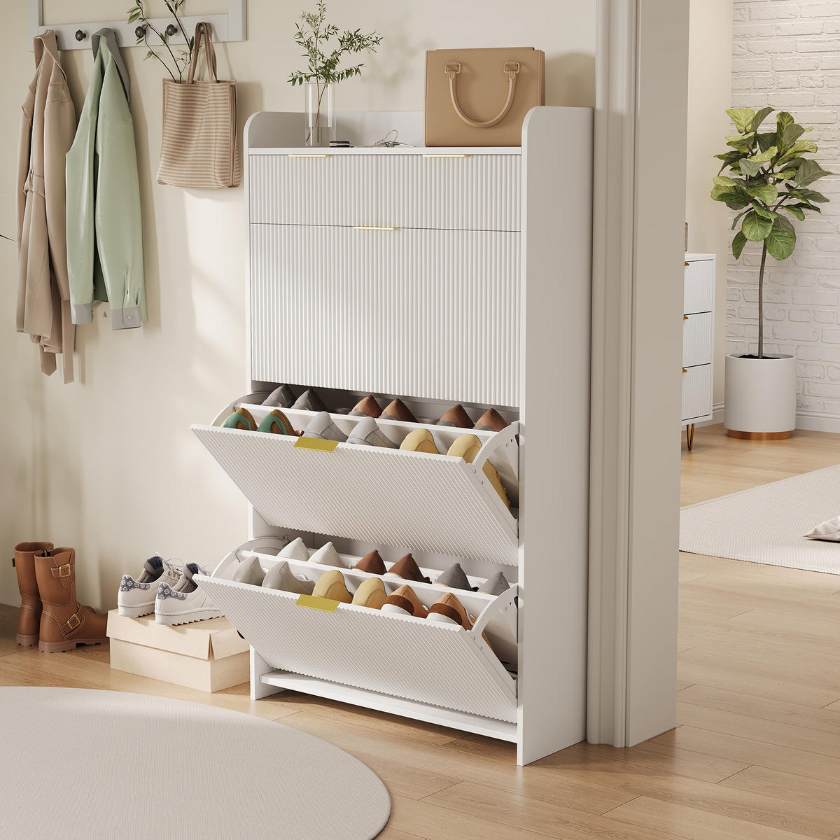 SCHUHSCHRANK Weiß mit Wellenfronten & oberer Ablage - Weiß, Holzwerkstoff (24.2/133.5/77.1cm) - SHOPENTRA