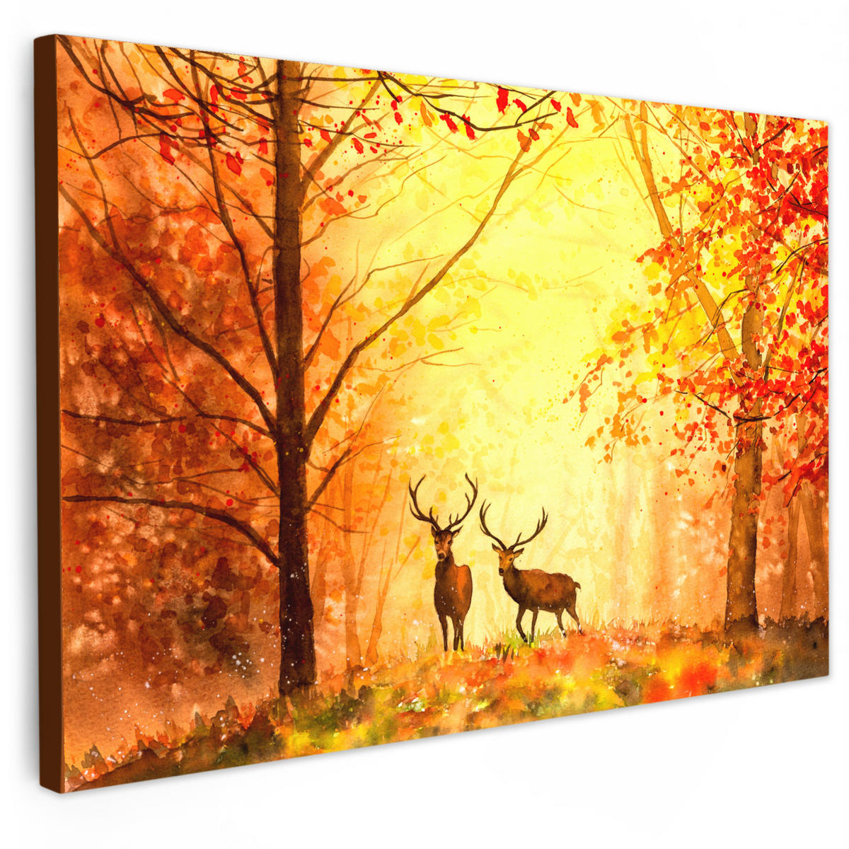 LEINWANDBILD Natur - Ölfarbe - Hirsche - Tiere - Herbst - Orange Groß 140x90 cm - Orange, Textil (140/90cm) - MuchoWow