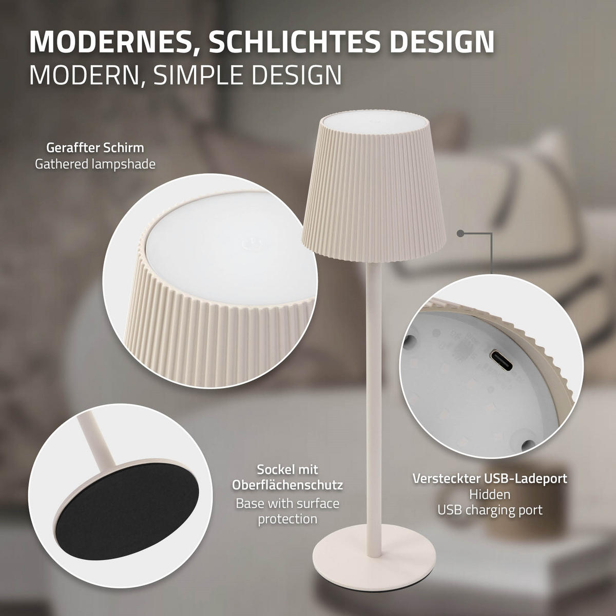 LED TISCHLAMPE kabellos mit Touch Creme Ø10x36 cm Warmweiß Dimmbar - Creme, Kunststoff (10/10/36cm) - ML-DESIGN