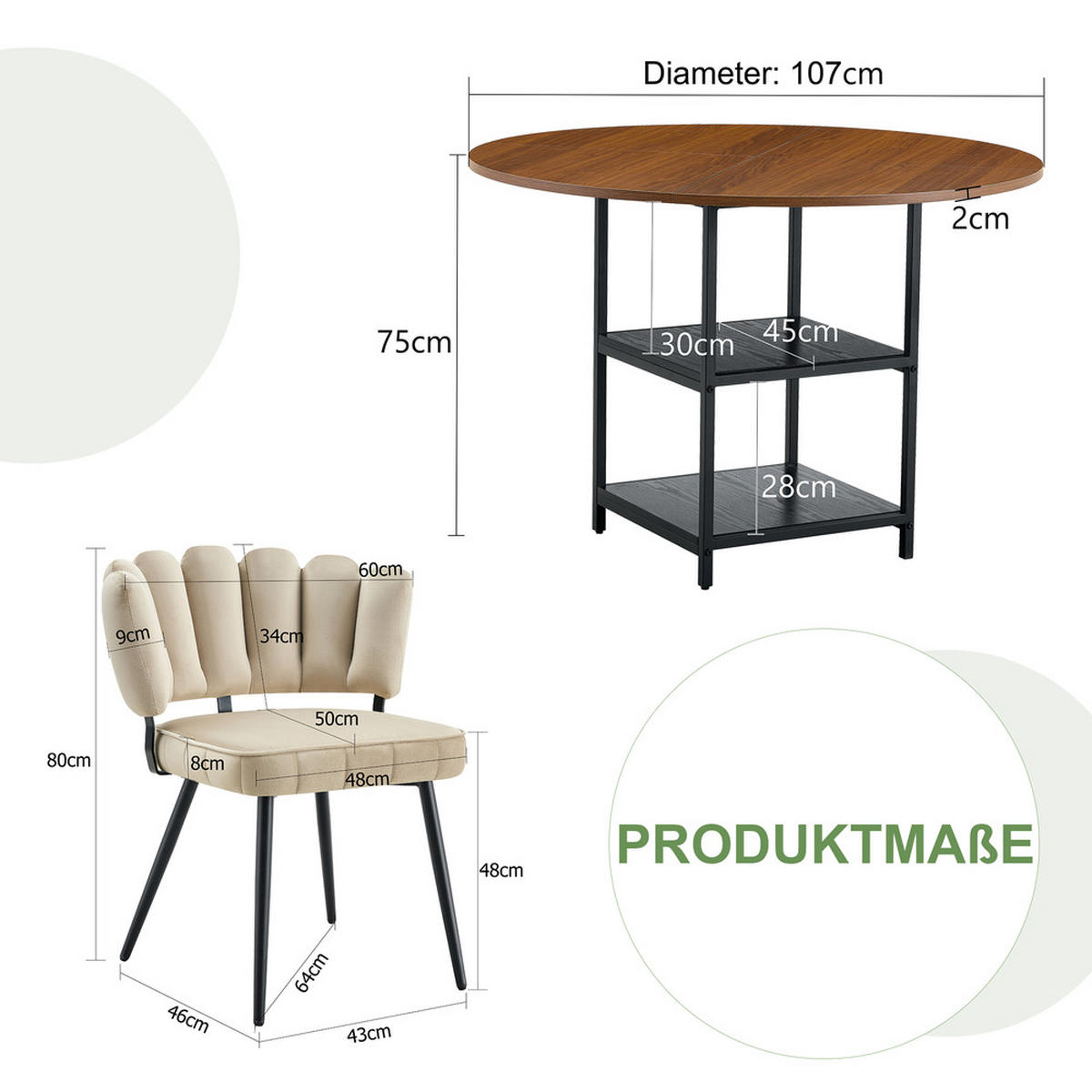 TISCHGRUPPE 3-tlg Rund Nussbaum-Optik 107cm - Beige, Holzwerkstoff/Metall (68/25/83.5cm) - Raelunyi