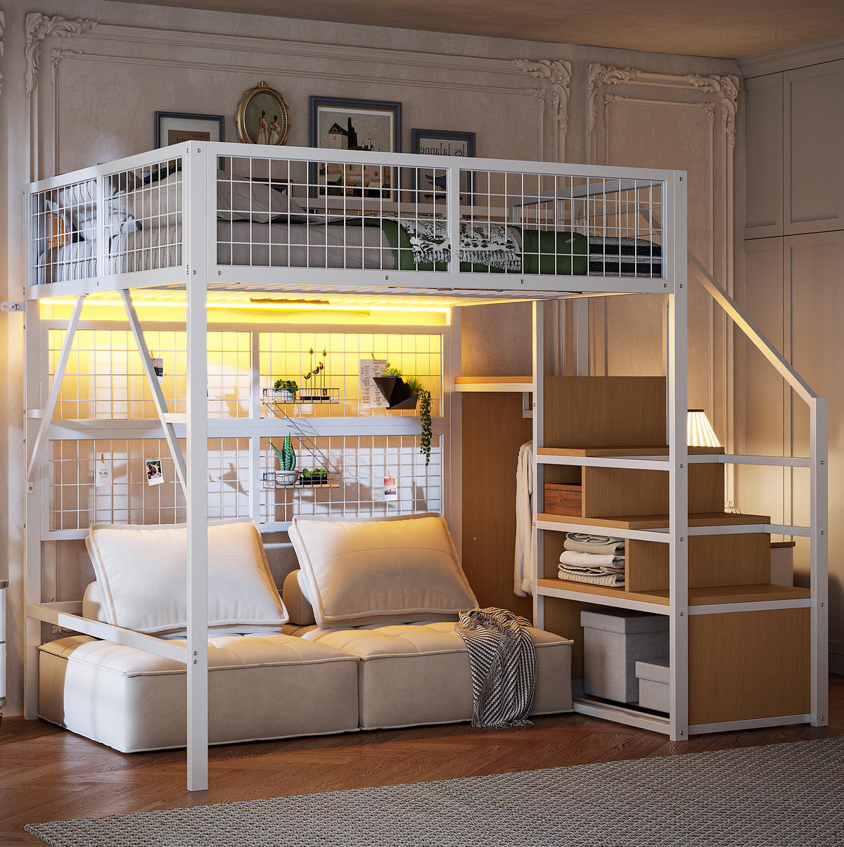 HOCHBETT 140/200 cm in Weiß – mit Stauraumtreppe und offenem Kleiderschrank - Weiß, Metall (140/200cm) - BEAOK