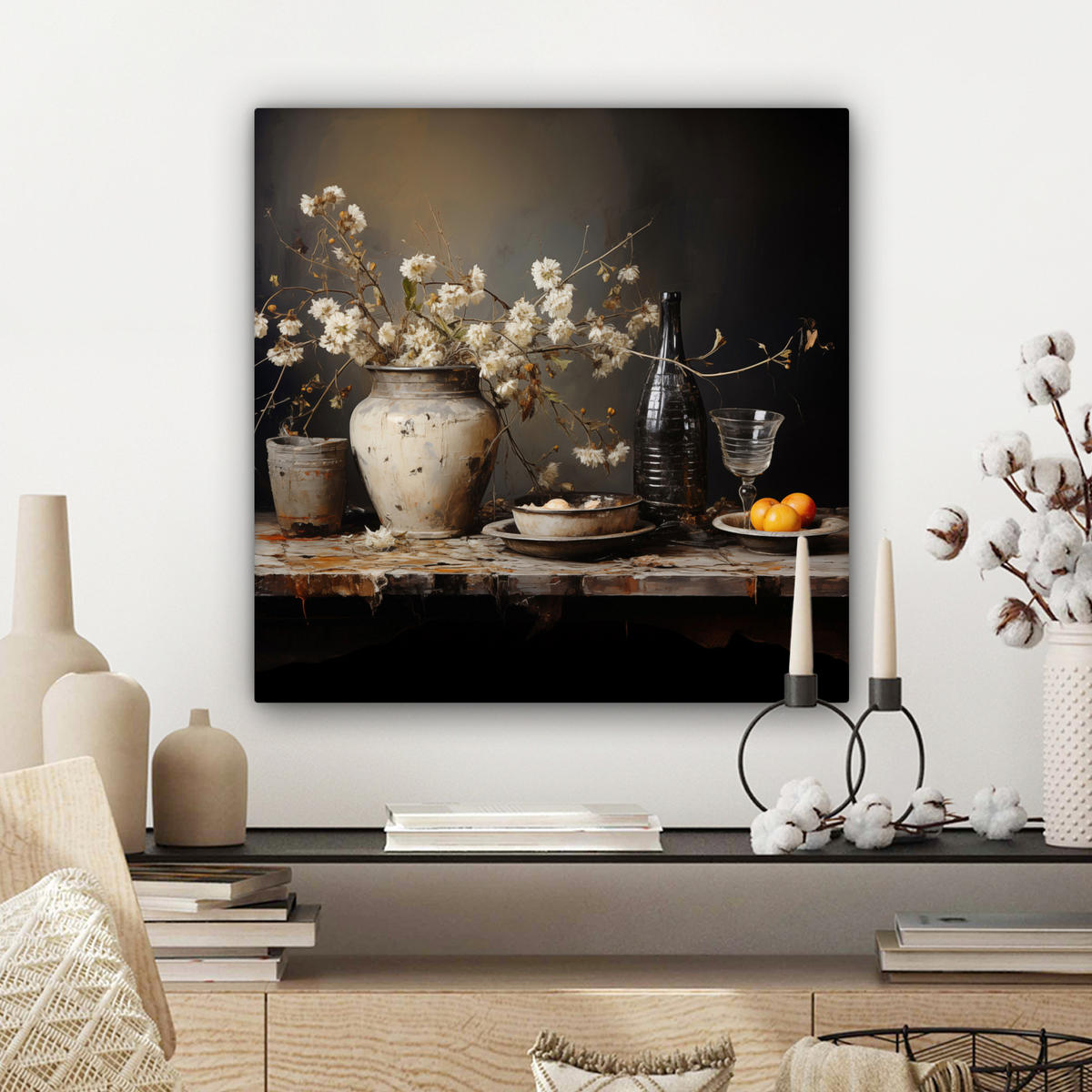 LEINWANDBILD Stilleben - Blumen - Blumenstrauß - Vase - Wein Wandbild Wohnzimmer 50x50 cm - Schwarz, Textil (50/50cm) - MuchoWow