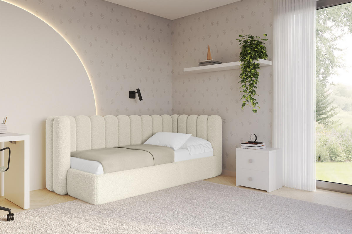 EINZELLBETT Jugendbett mit Bettkasten und Matratze H3/H4, Links - HUGY 100x200 Beige - Champagner, Holzwerkstoff/Textil (100/200cm) - ALTDECOR