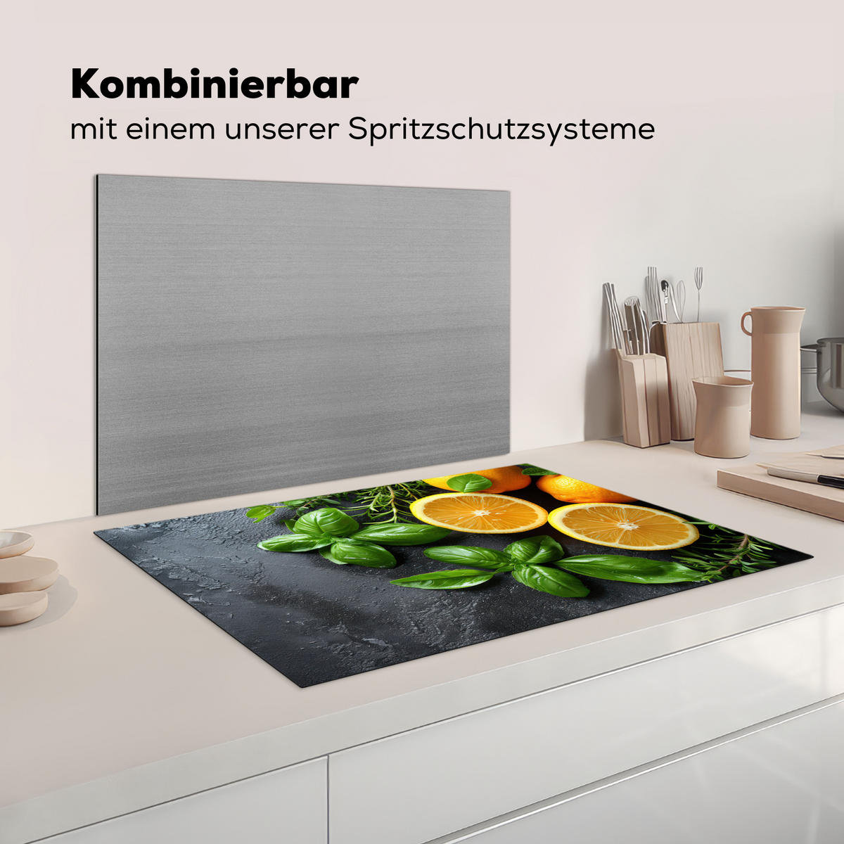 HERDABDECKPLATTE Obst - Grau - Konkret - Orange - Pflanzen Induktionsmatte 81x52 cm - Anthrazit, Kunststoff (81/52/0.2cm) - MuchoWow