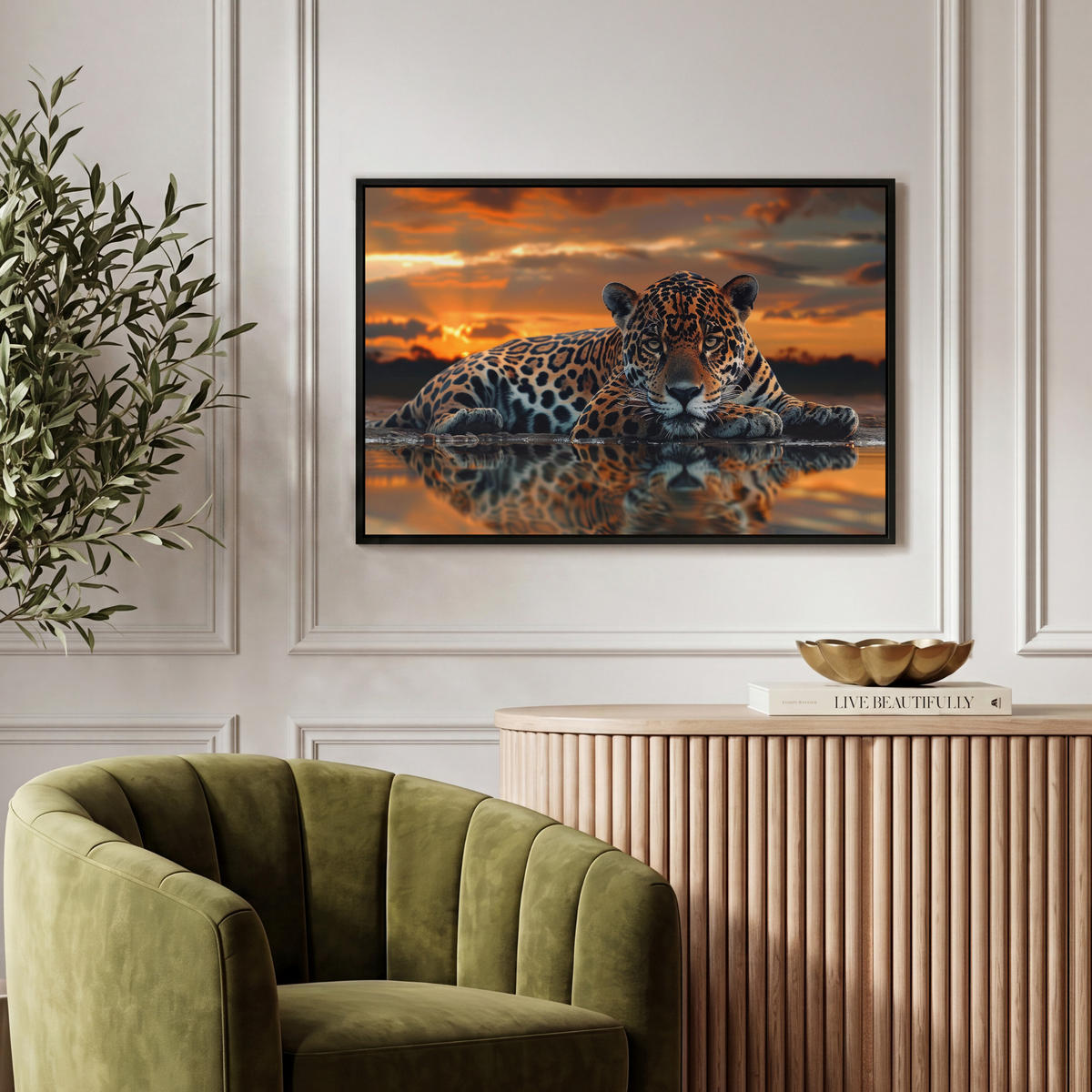 LEINWAND Bilder mit Rahmen - Natur - Leopard - Tier - Sonnenuntergang - Modern - 60x40 - Orange, Textil (60/40cm) - MuchoWow
