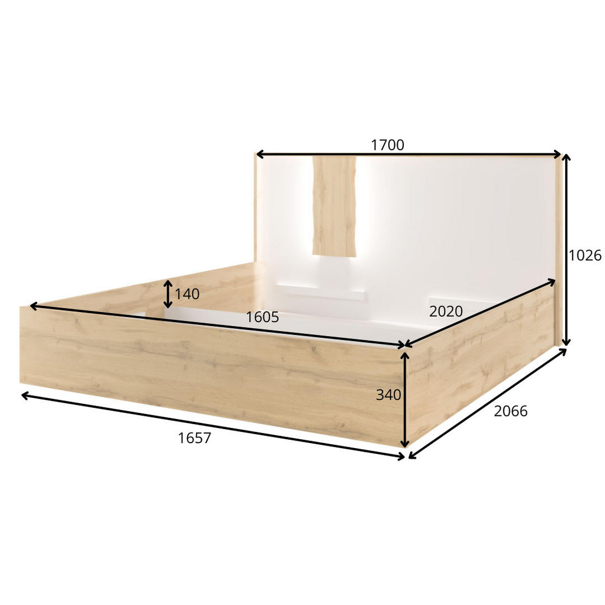 DOPPELBETT Wood Eiche Wotan / weiß Hochglanz 170 / 206 / 102cm - Weiß Hochglanz/Eichefarben, Holz/Holzwerkstoff (160/200cm) - Feldmann-Wohnen