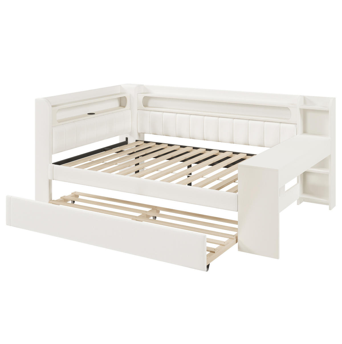 POLSTERBETT 140/200 cm mit LED-Beleuchtung, USB und Ausziehbett in Weiß - Weiß, Holzwerkstoff (140/200cm) - BEAOK