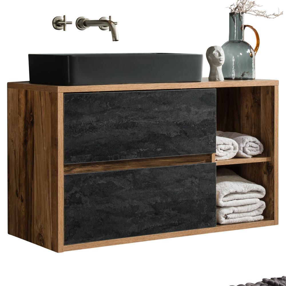 WASCHBECKENSCHRANK Harlow-56 - Anthrazit/Braun, Holzwerkstoff (100/71/46cm) - Lomado