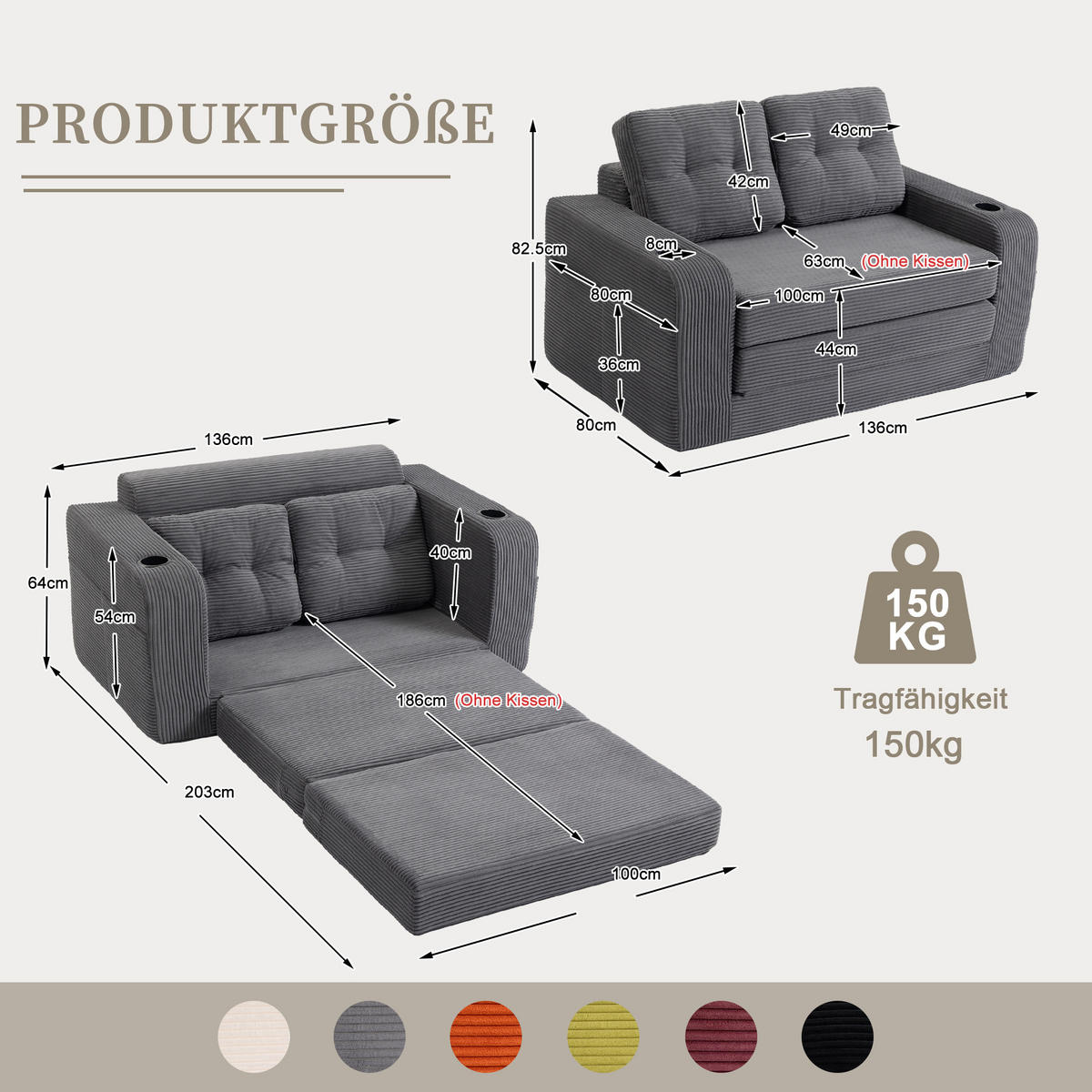 SCHLAFSOFA in Grau Cord mit Getränkehalter und Seitentaschen - Grau, Textil (136/82.5/80cm) - Oxeza