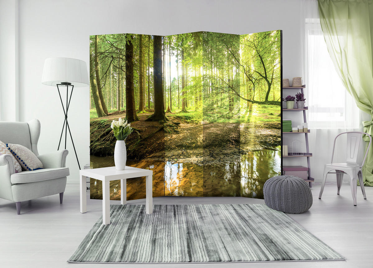 PARAVÁN Obojstranný 5-dielny 225x172 cm Lesné Jazero a Slnko - zelená, drevo/textil (225/172/3cm) - Muralo