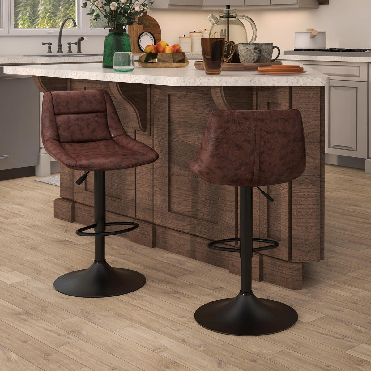 BARHOCKER 2er-Set Braun 46.5/50.0/108.0 cm - Braun, Leder (50/108/46.5cm)