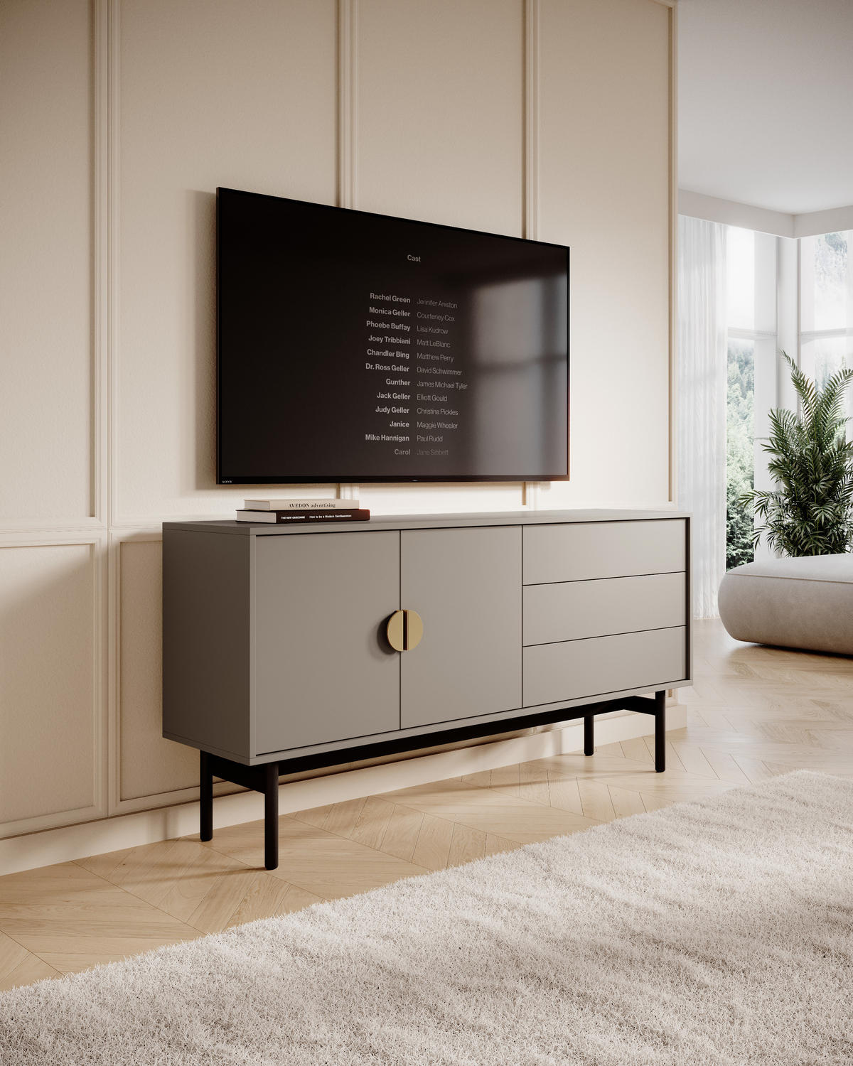 TV-SCHRANK Stoon Steingrau 154 cm - Beige/Goldfarben, Holzwerkstoff/Metall (154/76/38cm) - Selsey