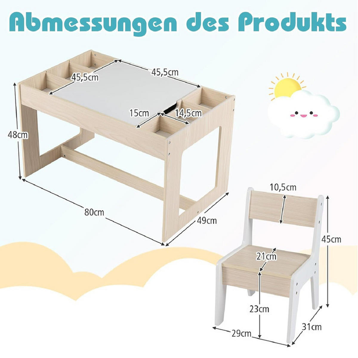 KINDERTISCH mit Stuhl natur(3-tlg) - Naturfarben, Holzwerkstoff (80/48/49cm) - COSTWAY