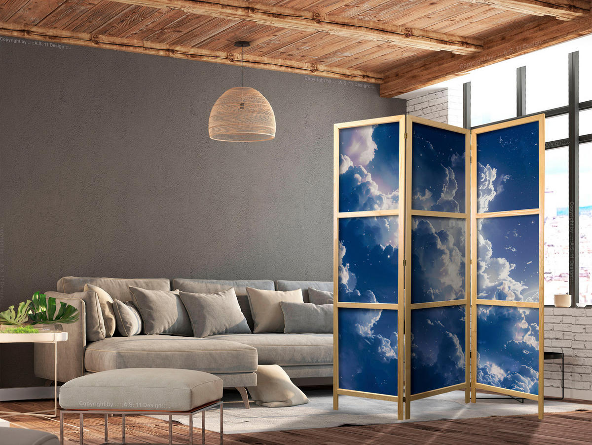 PARAVENT Japanischer 3-tlg 135x172 cm Abendhimmel - Blau, Holz/Textil (135/172/3cm) - Muralo