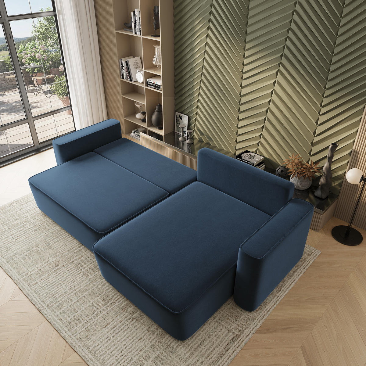 ECKSOFA BELARO CL Blau Samtstoff mit Schlaffunktion - Blau, Holzwerkstoff/Textil (280/162cm) - MASSENO