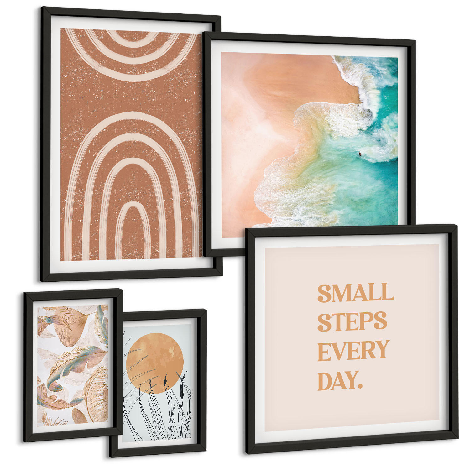 BILDER SET 5er Set - 50x50 cm & 20x30 cm & 40x60 cm Schwarzer Rahmen - Familie liebt Zuhause Aquarell - Schwarz, Kunststoff (40/60cm) - TULUP