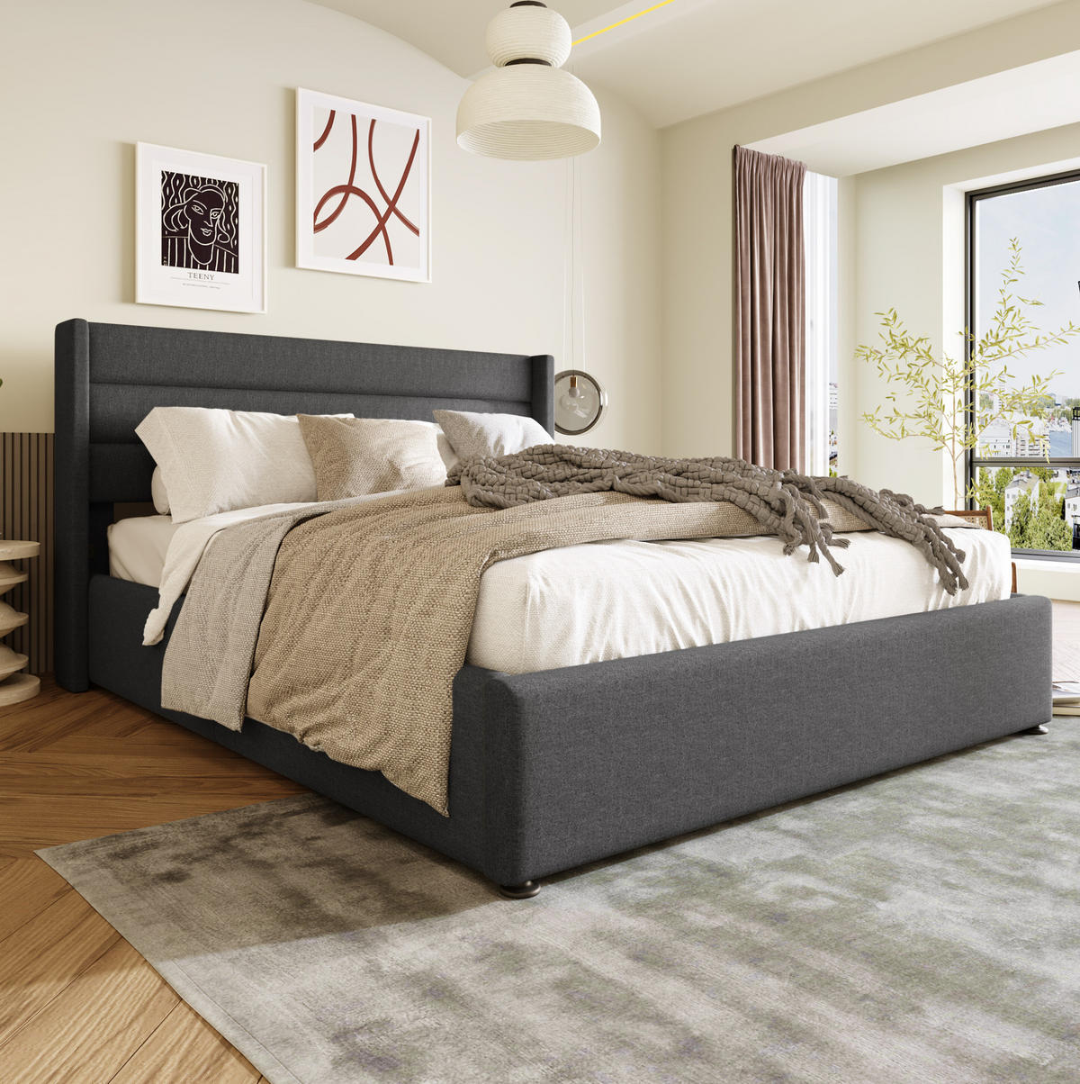POLSTERBETT 180/200 cm Grau aus Leinen mit Bettkasten - Grau, Textil (180/200cm) - OKMYHOME