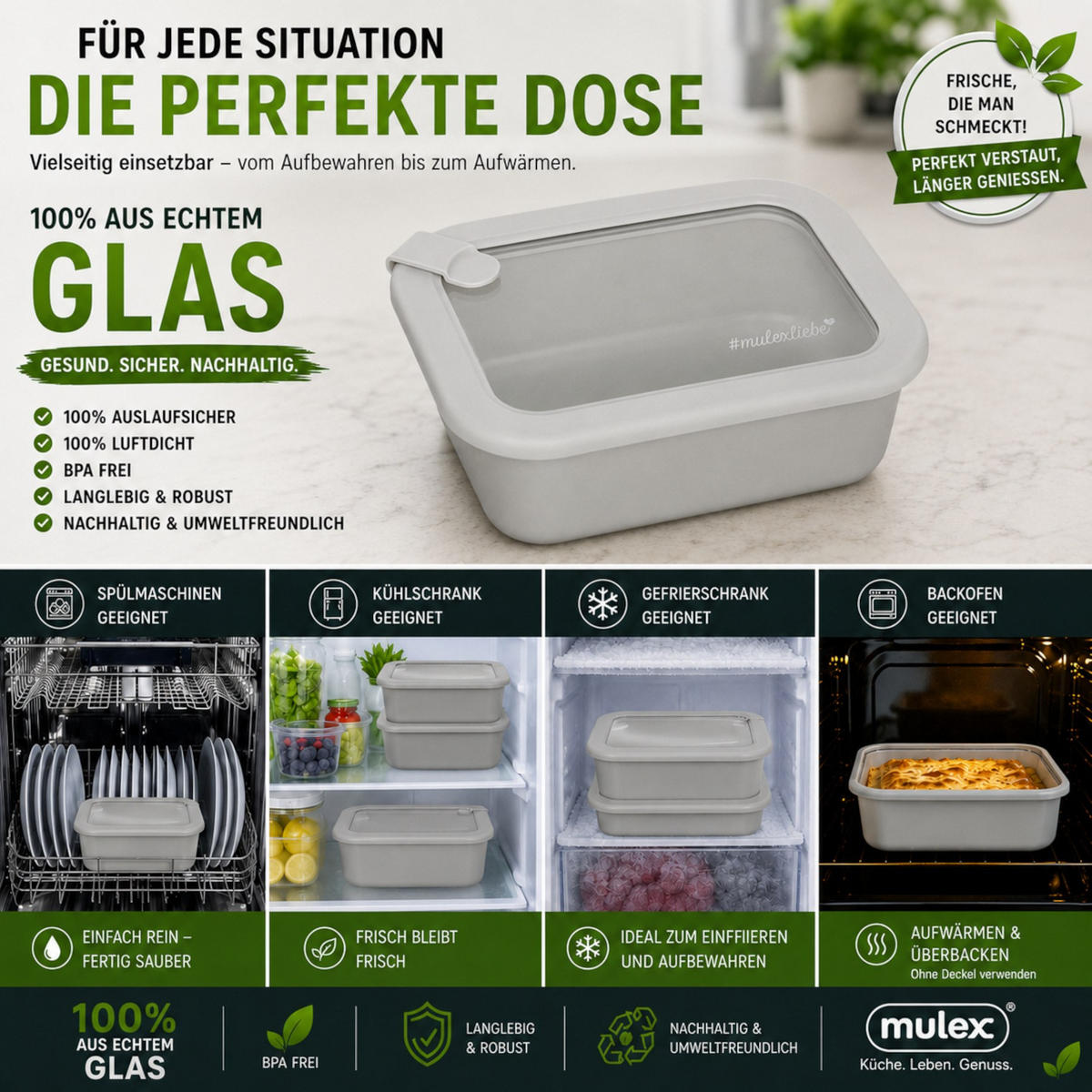 FRISCHHALTEDOSE LUND Meal Cube grau 1050 ml - Grau, Glas (15/7/20cm) - Mulex