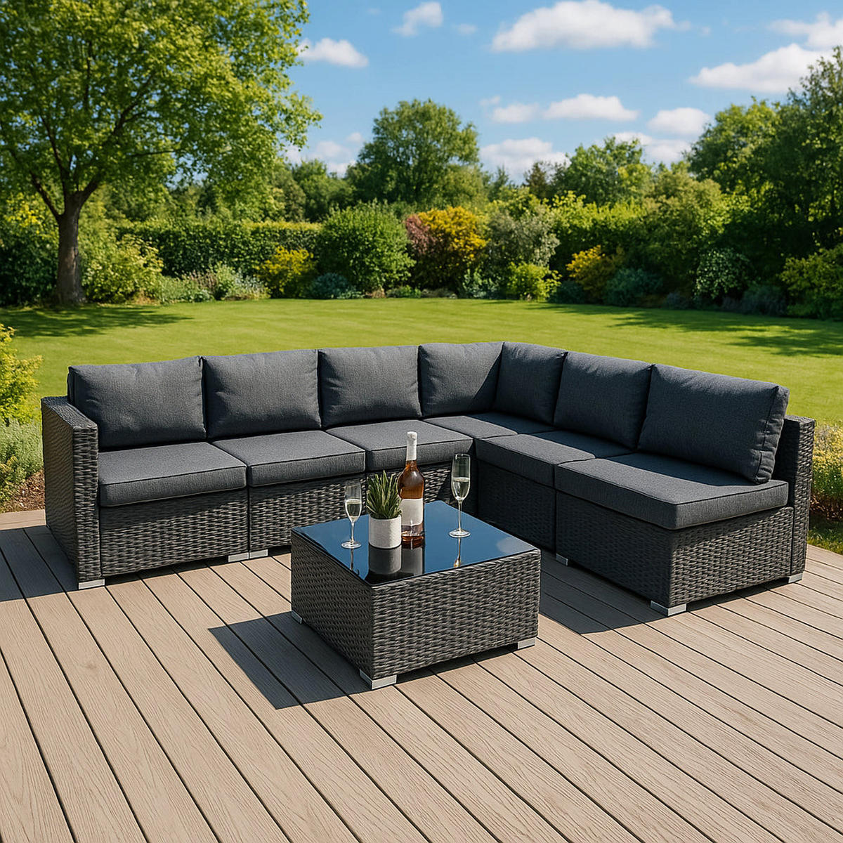 LOUNGEGARNITUR MODULAR Rattan 7-teiliges Schwarz - Schwarz, Kunststoff - Jardi