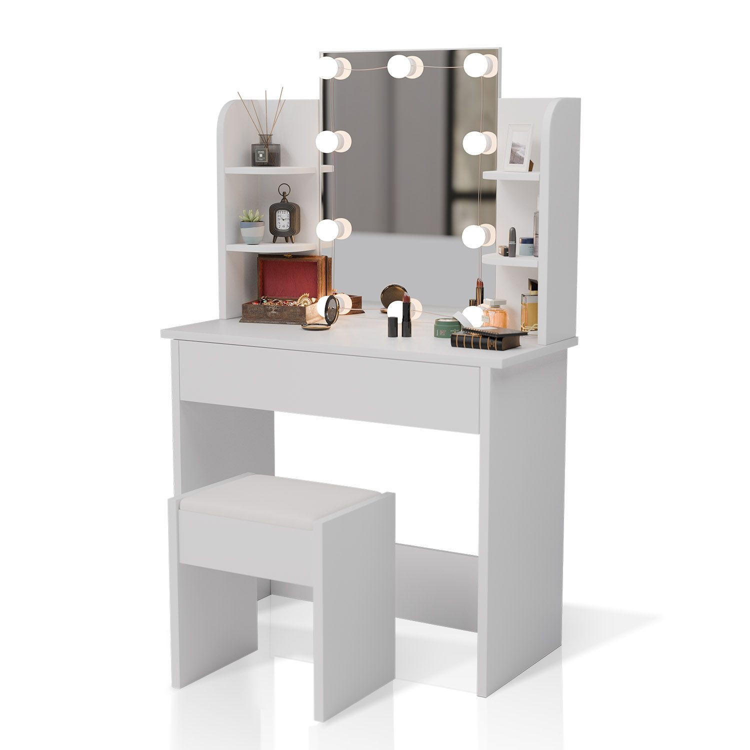 SCHMINKTISCH Zoey LED-Beleuchtung & Hocker Melly - Weiß, Holz (40/140/90cm) - Juskys