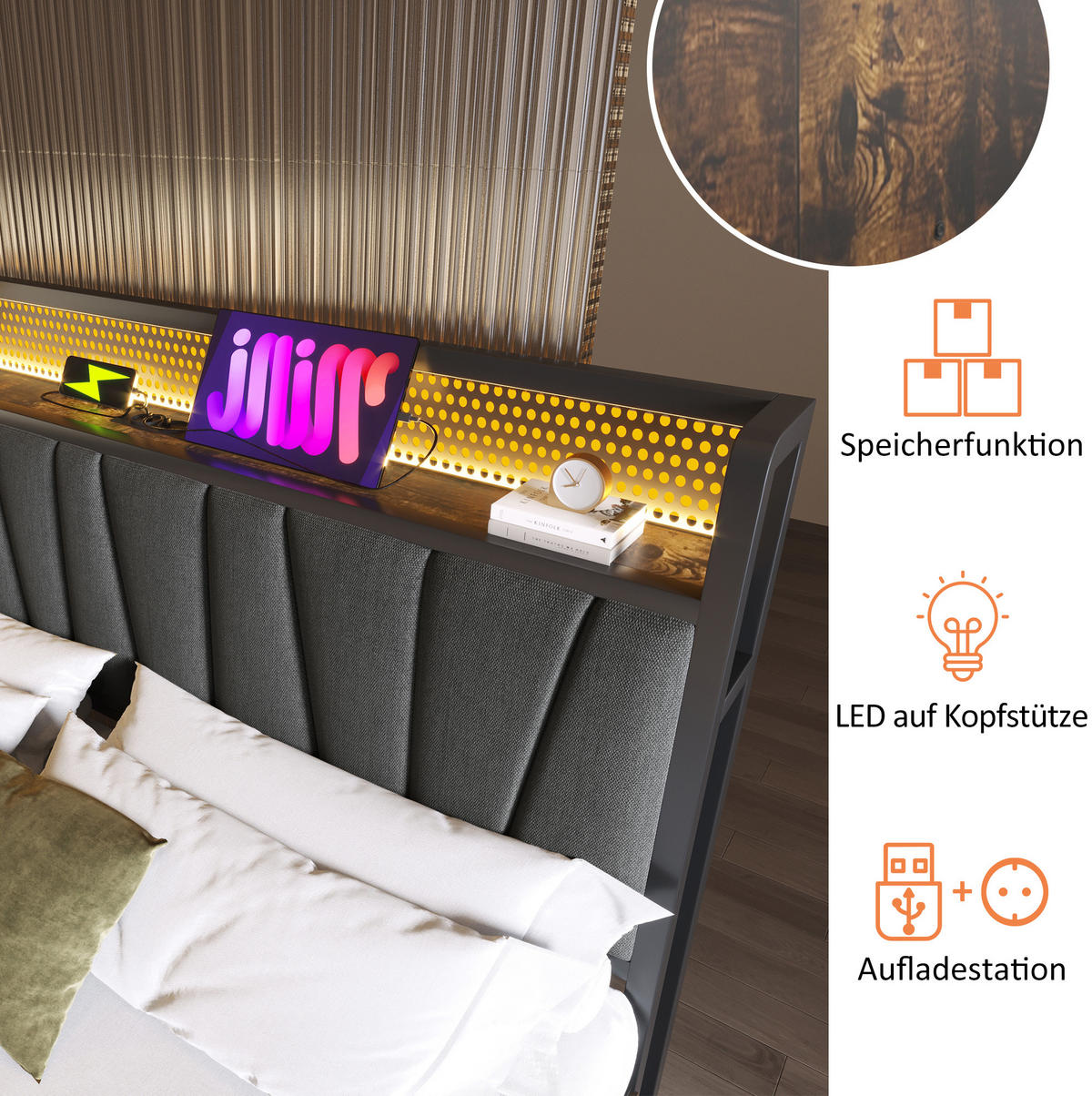 POLSTROVANÁ postel 180x200 cm šedá z lnu, dřeva a kovu s LED osvětlením, USB a zásuvkami - šedá, textil (180/200cm) - OKWISH