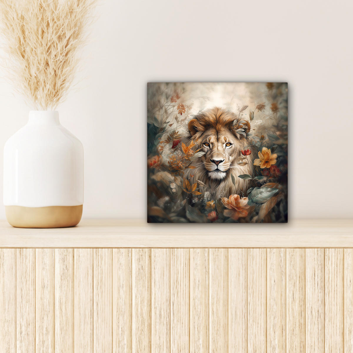 LEINWANDBILD Löwe - Wildtiere - Pflanzen - Natur - Blumen Deko Wohnzimmer 20x20 cm - Beige, Textil (20/20cm) - MuchoWow